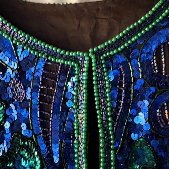Vintage 1980's Laurence Kazar New York Blue Green Sequin Silk Jacket Large - Picture 5 of 10